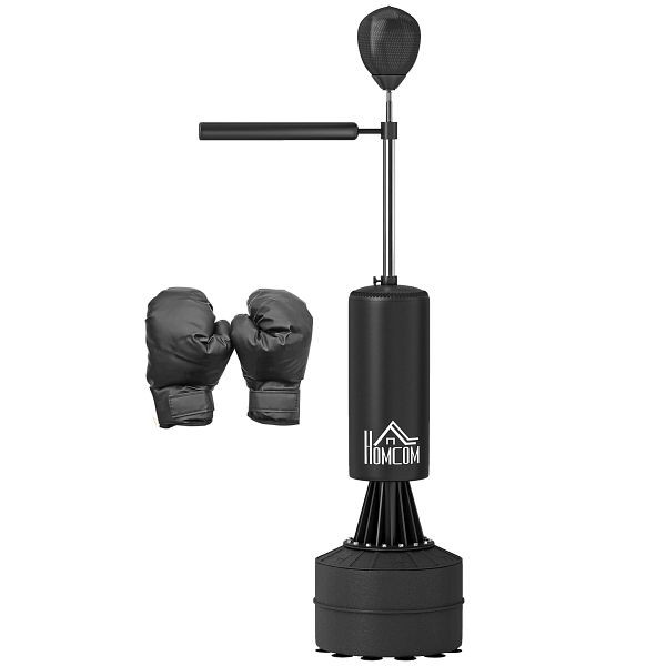 HOMCOM Boxsack Stehend mit Speedball, Reflexstange, Höhenverstellbar, für Erwachsene, 155-205cm, Schwarz, A91-100BK