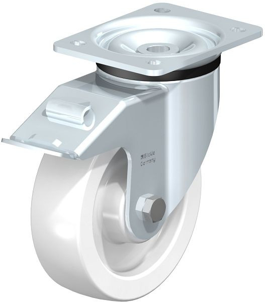 Blickle LK-SPO 160G-FI Stahlblech-Lenkrolle, schwere Ausführung, mit Anschraubplatte & Feststeller, Polyamid, Weiß, 754873