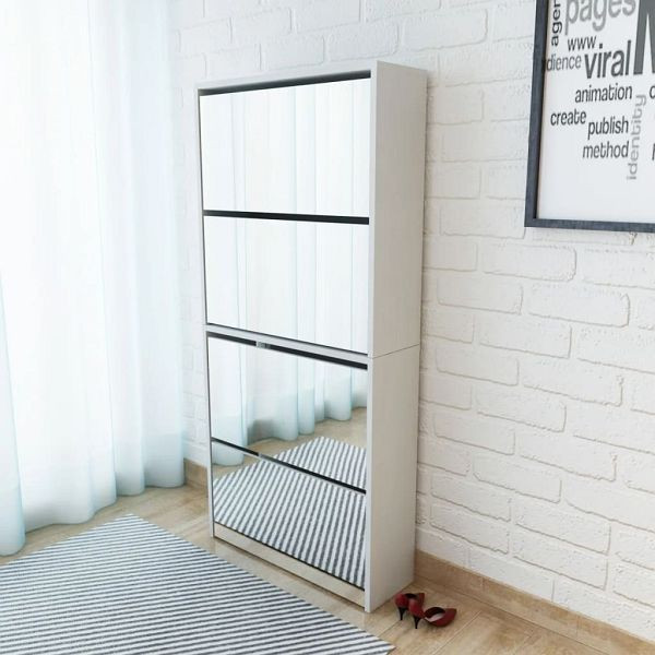 vidaXL Schuhschrank mit 4 Fächern Spiegel Weiß 63×17×134 cm, 273936