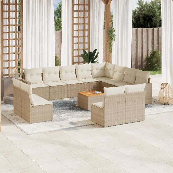 vidaXL 13-tlg. Garten-Sofagarnitur mit Kissen Beige Poly Rattan, 3256702