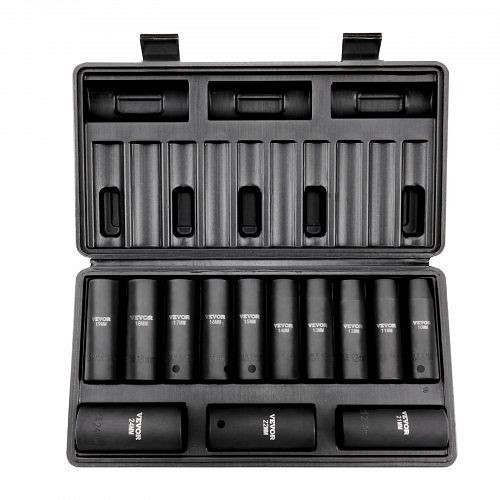 VEVOR Profi Steckschlüsselsatz CR-V-legierter Stahl 13 teilig Steckschlüssel Satz 10-24 mm Tiefe Stecknüsse Schlagschrauber, CJTTZJ12CRV13FHOHV0