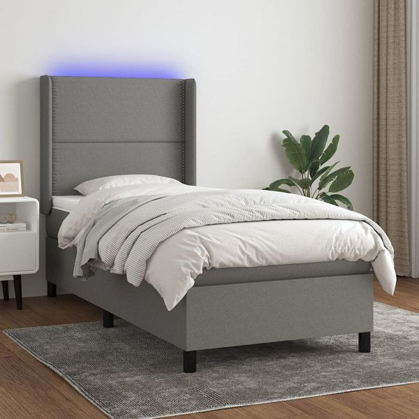 vidaXL Boxspringbett mit Matratze & LED Dunkelgrau 90x190 cm Stoff, 3138198