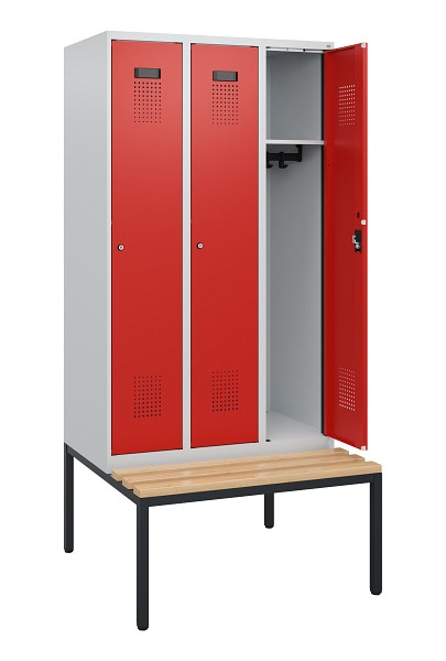 C+P Spind Evolo PLUS, 3 Abteile, 1950x900x815mm, 7035/3020, Zylinderschloss, Sitzfläche Buche-Hartholz, Sitzbank, 0490505-30 S10028