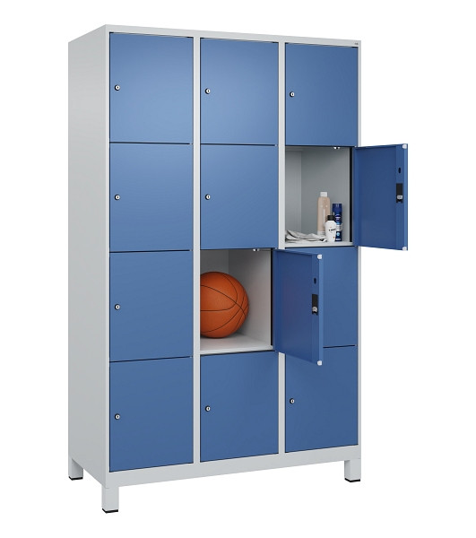 C+P Schließfachschrank Evolo PLUS, mit Füßen, 12 Fächer, 1950x1200x500mm, 7035/5023 Fernblau, Abteile 3, Abteilbreite 400 mm, 049010-324 S10008