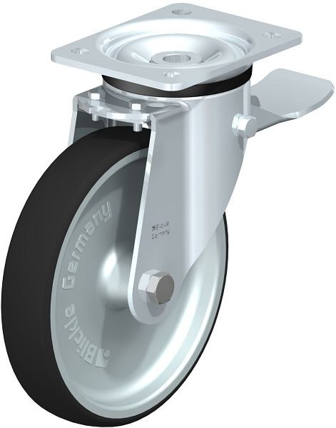 Blickle LK-PATH 200G-ST Stahlblech-Lenkrolle, schwere Ausführung, mit Anschraubplatte & Feststeller, Thermoplastisches Polyurethan, Grau, 852272