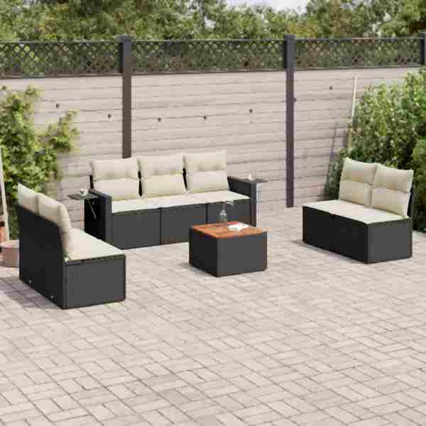 vidaXL 8-tlg. Garten-Sofagarnitur mit Kissen Schwarz Poly Rattan, UV-beständig, 3256847