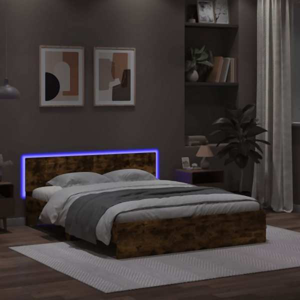 vidaXL Bettgestell mit Kopfteil und LED-Beleuchtung Räuchereiche, 3207599