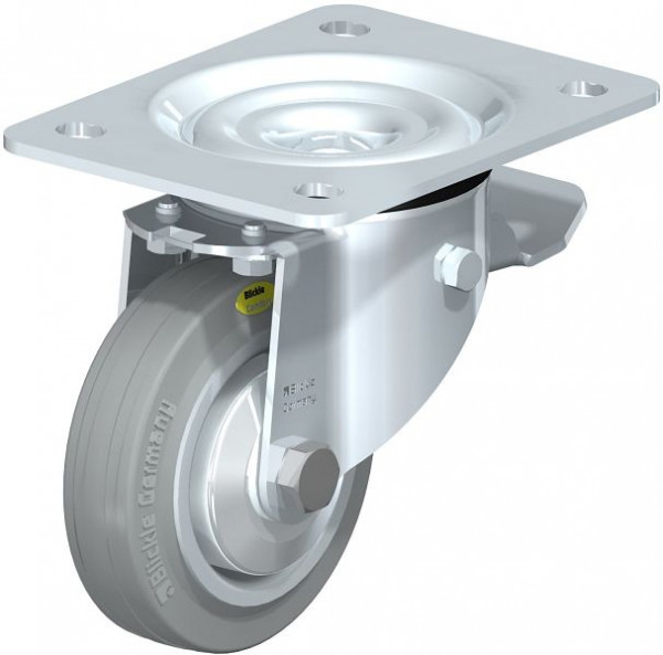 Blickle LK-RD 100R-3-ST-VLI-FA Stahlblech-Lenkrolle, schwere Ausführung, mit Anschraubplatte & Feststeller, Zweikomponenten-Vollgummi, Grau, 750459