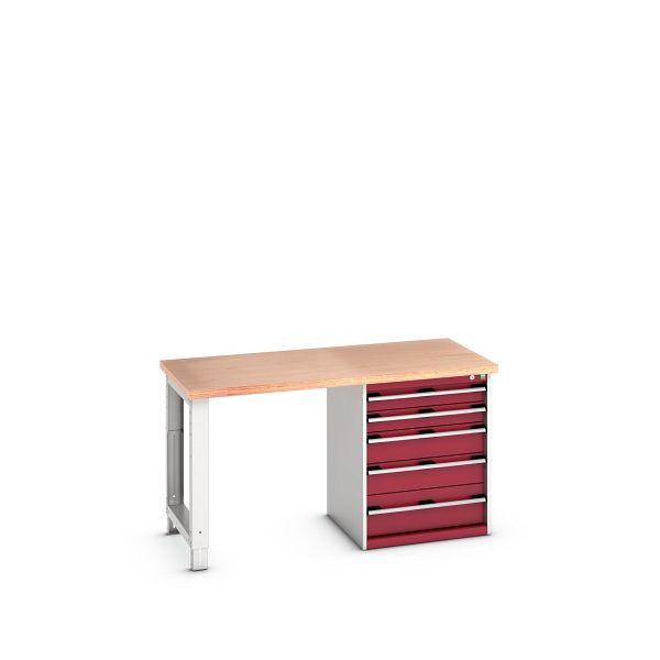 bott cubio Werkbank mit Schubladenschrank 5 Schubladen, Fuß, Multiplex-Platte, BxTxH: 1500x750x840mm, Multiplex RAL 7035/3004, 41003315.24V