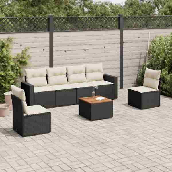vidaXL 7-tlg. Garten-Sofagarnitur mit Kissen Schwarz Poly Rattan, UV-beständig, 3224068
