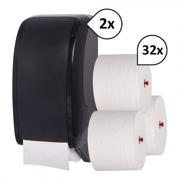 Produktbild von Blanc Hygienic SET: 2x Toilettenpapierspender Doppelrollen Blanc Cosmos + 32 Toilettenpapierrollen Long Life 3L, Farbe: schwarz, PS-THR3503-2100S Blanc Hygienic SET: 2x Toilettenpapierspender Doppelrollen Blanc Cosmos + 32 Toilettenpapierrollen Long Life 3L, Farbe: schwarz, PS-THR3503-2100S