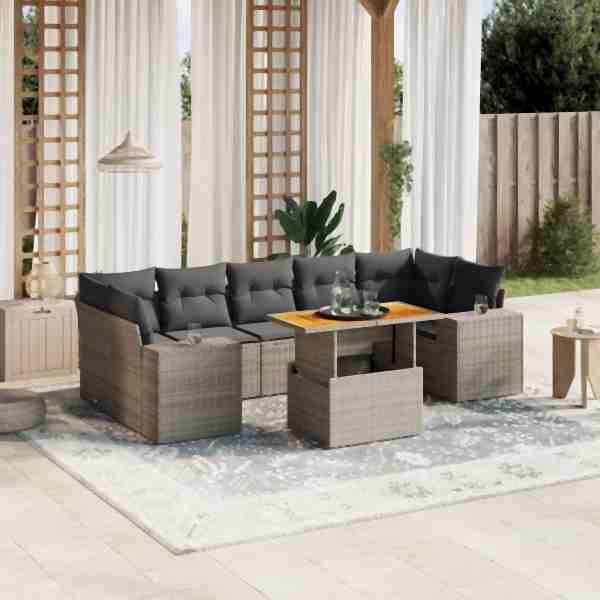 vidaXL 8-tlg. Garten-Sofagarnitur mit Kissen Grau Poly Rattan, UV-beständig, 3272551