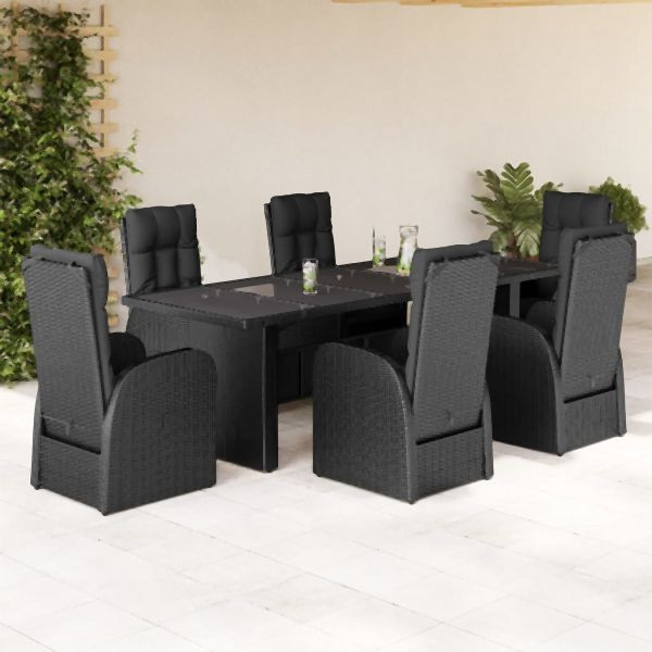 vidaXL 7-tlg. Garten-Essgruppe mit Kissen Schwarz Poly Rattan, 3277637