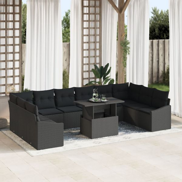 vidaXL Garten-Sofa-Set 11-teilig Schwarz Rattan, Polyester, Schaum, 3357816
