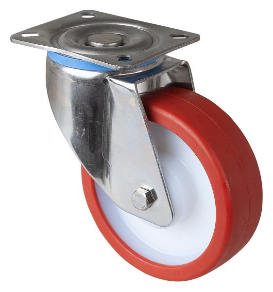 BS Rollen Edelstahl-Schwerlastrolle Lenkrolle, Edelstahl, Polyurethanrad rot, Gleitlager, Anschraubplatte 125 mm,Tragfähigkeit 300 kg, HS100.B27.125
