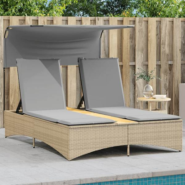 vidaXL Doppel-Sonnenliege mit Dach und Auflagen Beige Poly Rattan, UV-beständig, 365623