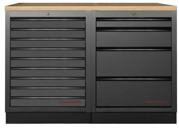 Kraftwerk MOBILIO BLACK EDITION 2er Unterschrank-Kombi, 13 Schubladen, Arbeitsplatte Buche Multiplex, 3964K-BLK-008