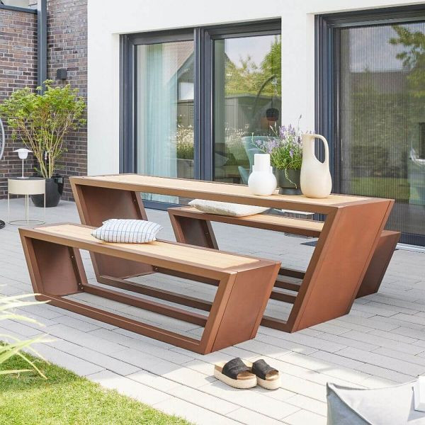 HOME DELUXE Sitzgarnitur aus Stahl KOBON Braun, 2 x Bank + 1 x Tisch, 73256