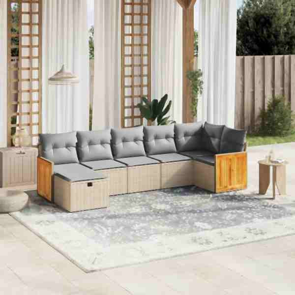 vidaXL 7-tlg. Garten-Sofagarnitur mit Kissen Beige Poly Rattan, UV-beständig, 3265749