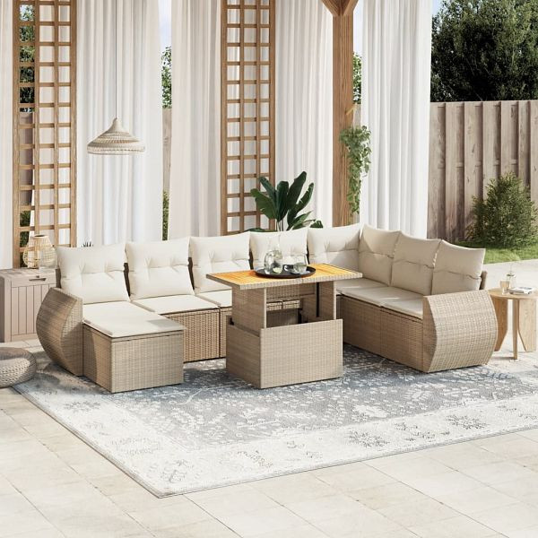 vidaXL 9-teilig Garten-Sofagarnitur mit Kissen Beige Poly Rattan, 3272332