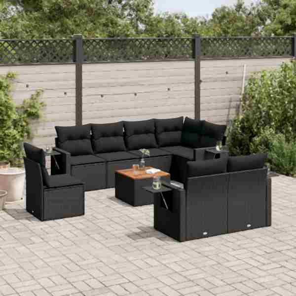 vidaXL 9-tlg. Garten-Sofagarnitur mit Kissen Schwarz Poly Rattan, UV-beständig, 3224655