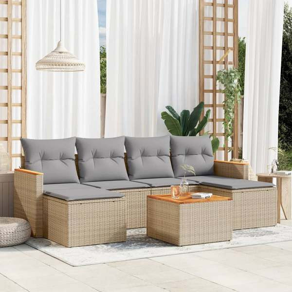 vidaXL 7-tlg. Garten-Sofagarnitur mit Kissen Beige Poly Rattan, UV-beständig, 3258629