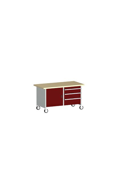 bott cubio Kastenwerkbank mobil 3 Schubladen Tür, Ablage, Rotbuche-Arbeitsplatte BxTxH: 1500 x 750 x 840 mm, RAL 7035/3004, 41002101.24V
