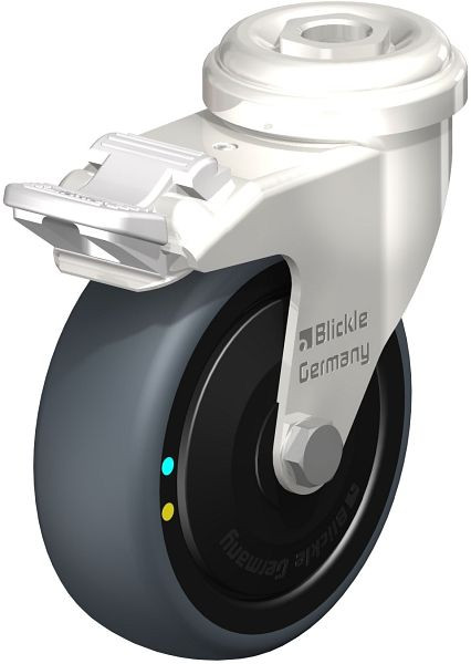Blickle LRXA-TPA 75KD-FI-ELS-FK Edelstahl-Apparate-Lenkrolle mit Rückenloch & Feststeller, Thermoplastisches Gummi-Elastomer, Grau, 853110
