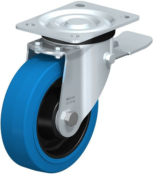 Blickle L-POEV 160K-ST-SB Stahlblech-Lenkrolle, mittelschwere Ausführung, mit Anschraubplatte & Feststeller, Elastik-Vollgummi, Blau, 740746