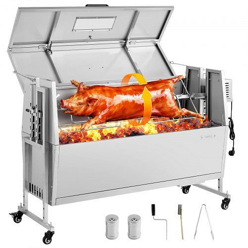 VEVOR Lammgrill 38 W 60 kg 1168,4 mm Drehspieß Spanferkelgrill Edelstahl für Garten und Terrasse, 4 Höhenstufen, Räder, QGHLK46INCHQ74V52001V2