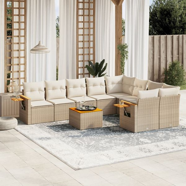 vidaXL 10-teilig Garten-Sofagarnitur mit Kissen Beige Poly Rattan, 3259552