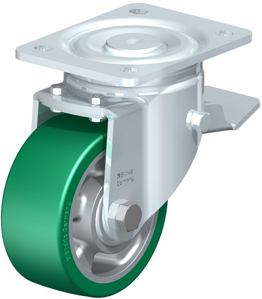 Blickle LH-ALST 127K-ST Stahlblech-Lenkrolle, Schwerlast-Ausführung, mit Anschraubplatte & Feststeller, Blickle Softhane®, Grün, 852368