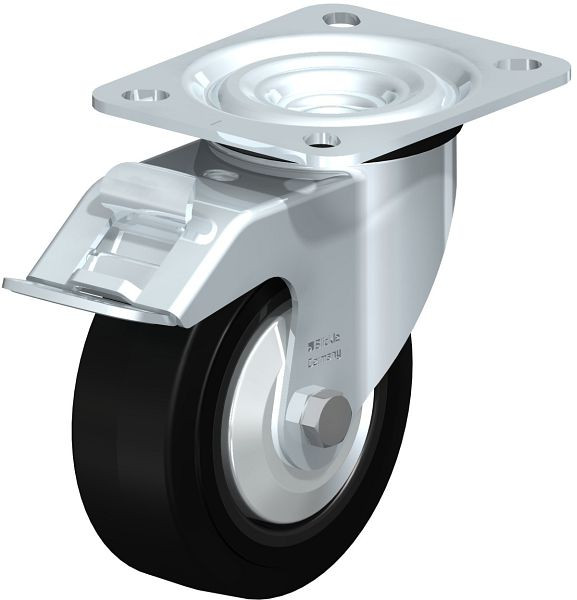 Blickle L-POEV 100G-FI-FA Stahlblech-Lenkrolle, mittelschwere Ausführung, mit Anschraubplatte & Feststeller, Elastik-Vollgummi, Schwarz, 374801