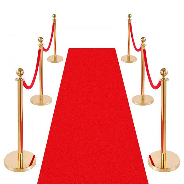 VEVOR Absperrpfosten Set: 6-teilig mit Rotem Teppich (8 m) & 4 Roten Samtseilen (1,5 m), Nachfüllbarer Sockel, Gold, QTGLZDSDJSHRFLWJ1001V0