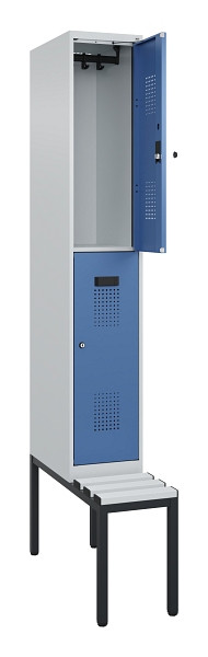 C+P Doppelstock-Spind Evolo PLUS, Bank, 2 Fächer, 2120x300x815mm, 7035/5023, Zylinderschloss, Sitzfläche Kunststoff, Sitzbank, 0493507-10 S10116