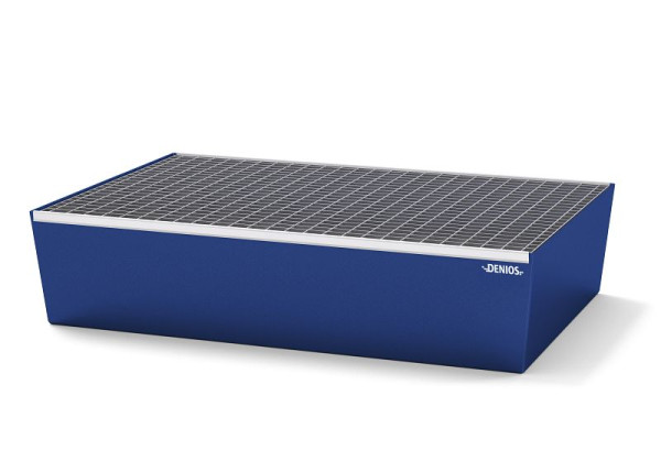 DENIOS Auffangwanne aus Stahl für 2 Fässer à 200 Liter, 1236 x 815 x 255 mm, flache Bauweise, mit Gitterrost, 328420