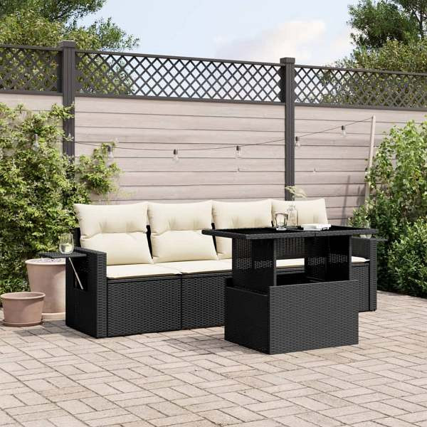 vidaXL 5-tlg. Garten-Sofagarnitur mit Kissen Schwarz Poly Rattan, UV-beständig, 3267726