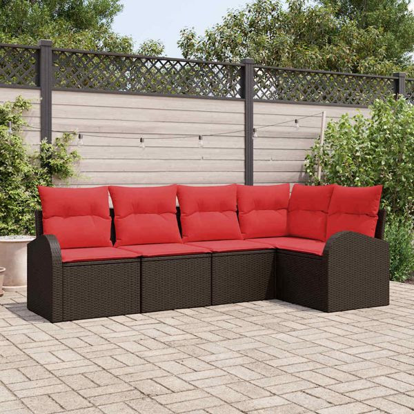 vidaXL Gartensofa-set mit Kissen 5-teilig Braun und Rot Poly-Rattan, 3354713