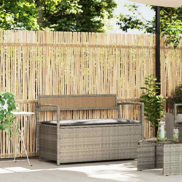 vidaXL Gartenbank mit Stauraum und Kissen Hellgrau Poly Rattan, 4103841