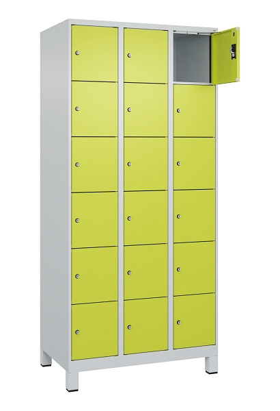 C+P Schließfachschrank Evolo PLUS, mit Füßen, 18 Fächer, 1950x900x500mm, 7035/0, Frontfarbe 1108060 RDS Clowngrün, 049010-306 S10015