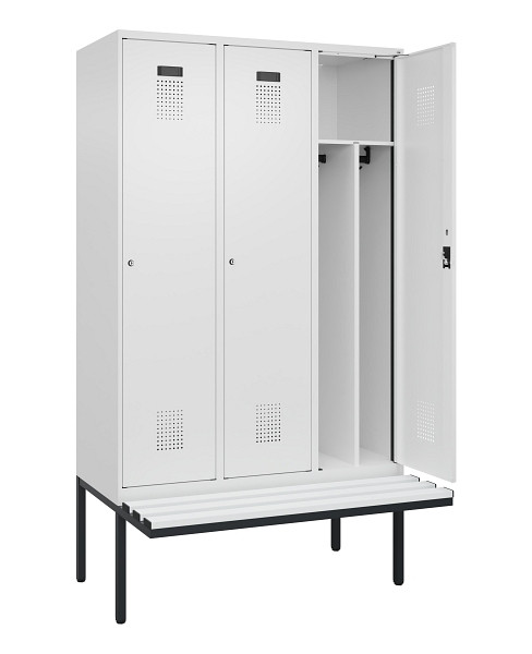 C+P Spind Evolo PLUS, 3 Abteile, 2120x1200x815mm, 9016/9016, Haken 4, Zylinderschloss, Sitzfläche Kunststoff, Trennwand, 0490407-32F S10100