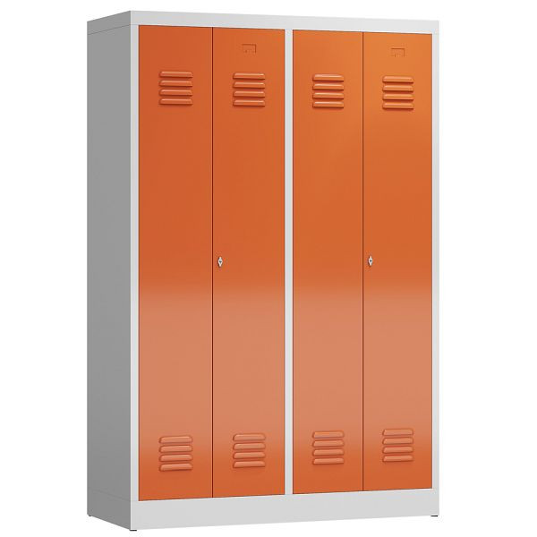 Lüllmann ClassiX Garderobenschrank, 4 Abteile, je 2 mittig schließend, 1800 x 1185 x 500 mm, lichtgrau/feuerrot, X-510444