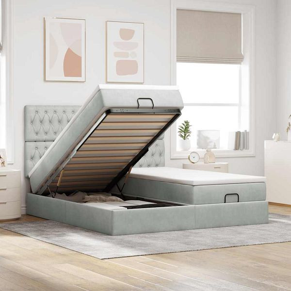 vidaXL Ottoman-Bett mit Matratzen & LEDs Hellgrau 160x200 cm Samt, 3314633