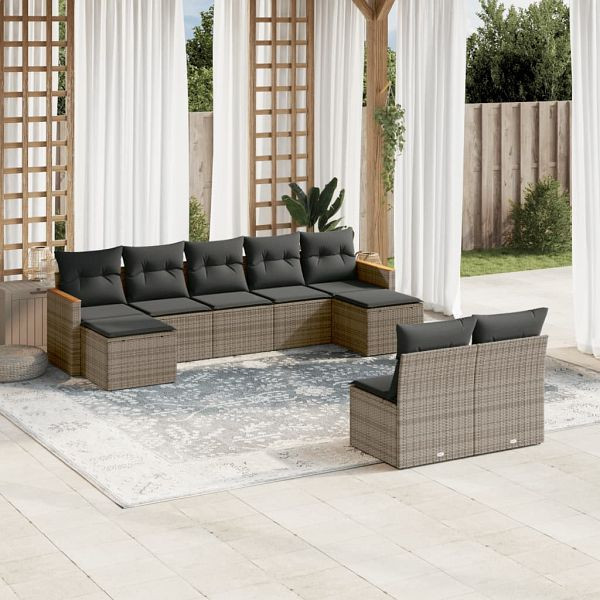 vidaXL 9-tlg. Garten-Sofagarnitur mit Kissen Grau Poly Rattan, 3258777