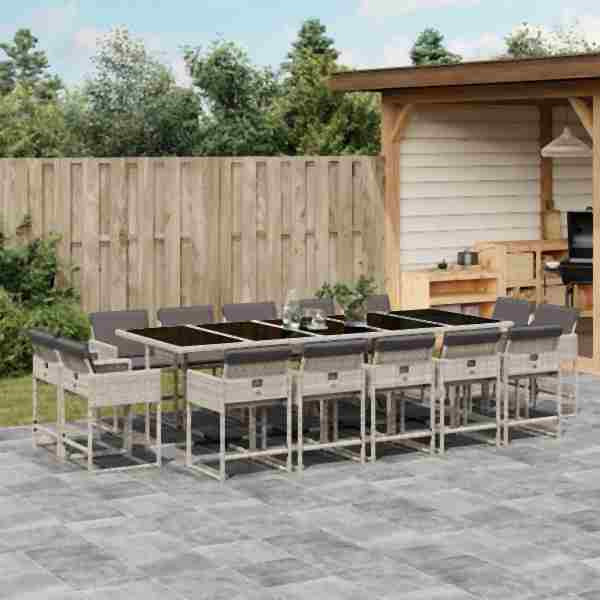 vidaXL 15-tlg. Garten-Essgruppe mit Kissen Hellgrau Poly Rattan, UV-beständig, 3211415