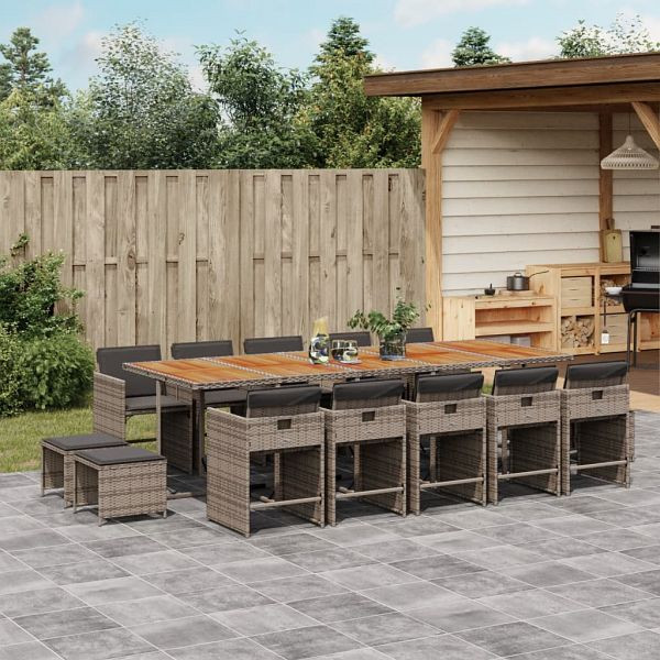 vidaXL 15-teilig Garten-Essgruppe mit Kissen Grau Poly Rattan, 3277945