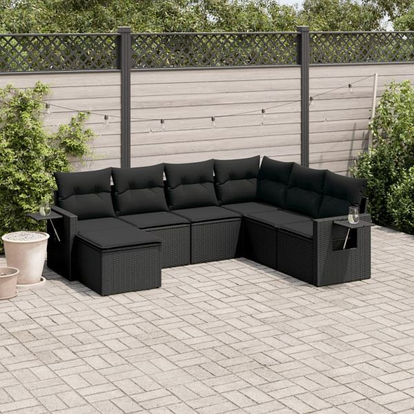 vidaXL 7-teilig Garten-Sofagarnitur mit Kissen Schwarz Poly Rattan, 3252832