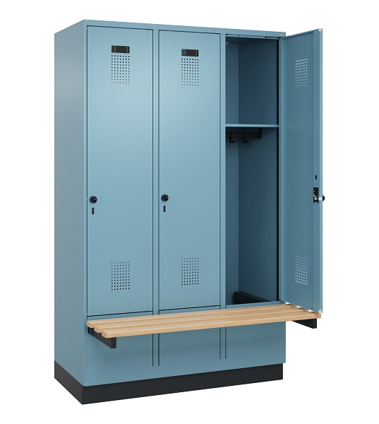 C+P Spind Evolo PLUS, 3 Abteile, 1950x1200x815mm, 0010/0010, Drehriegel, Sitzfläche Holz, Sitzbank auskragend Sockel, 049040-32 S10021