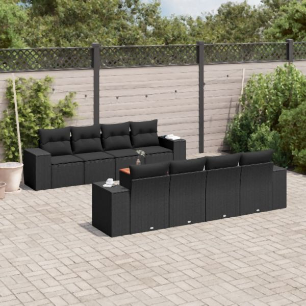 vidaXL 9-tlg. Garten-Sofagarnitur mit Kissen Schwarz Poly Rattan, 3225362