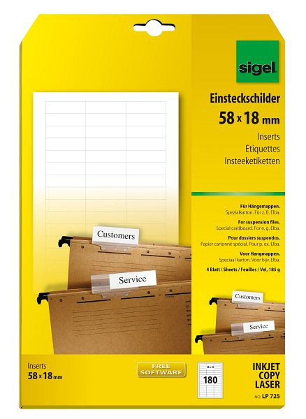 sigel PC-Einsteckschilder für Hängemappen, 58 x 18 mm, weiß, VE: 180 Stück, LP725